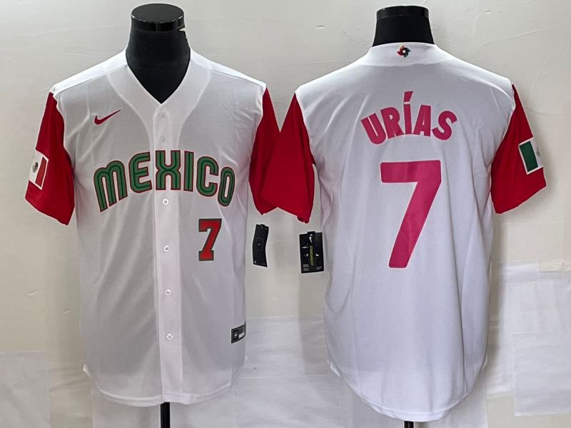 Men 2023 World Cub Mexico 7 Urias White pink Nike MLB Jersey20